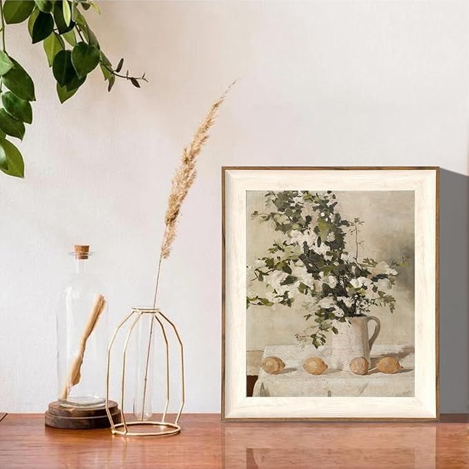 ASTRDECOR Framed Vintage Wall Art, Farmhouse Wall Decor White Flowers Canvas Oil Painting, Vintage Kitchen Decor Floral Wall Art Lemon Botanical North Art Prints for Kitchen Bedroom - 10''x 12''