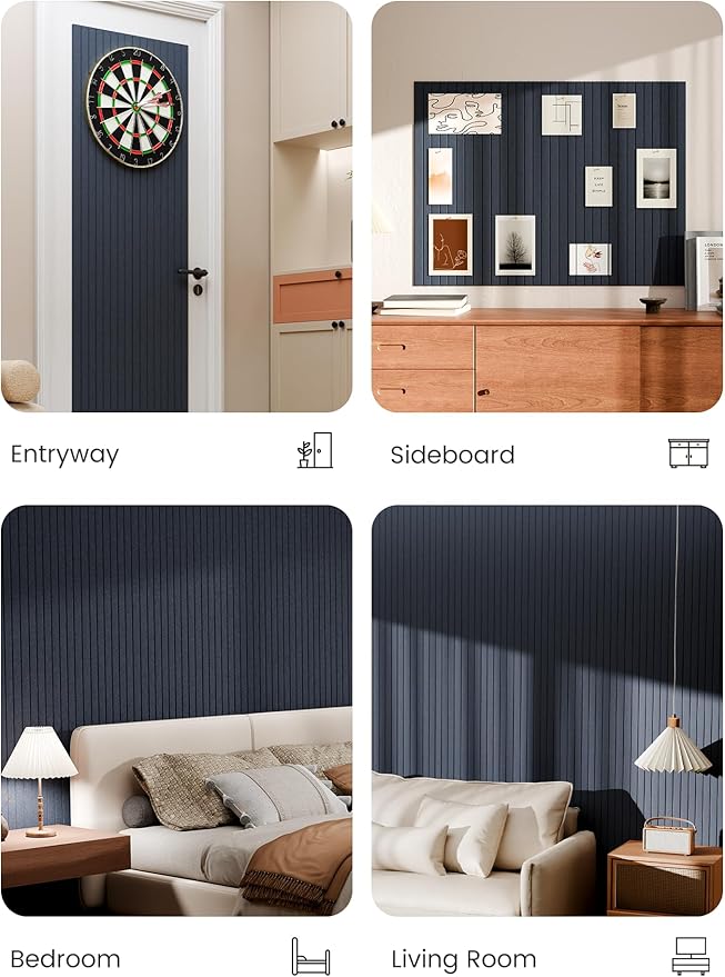 Bumusty Large Cork Board Alternative-48 x 36" Felt Bulletin Board Tiles, with 30 Pushpins, 70 Adhesive Tabs, Fine-Stripe 12-Pack, Cork Boards for Office Push Pin Board-Deep Charcoal Blue