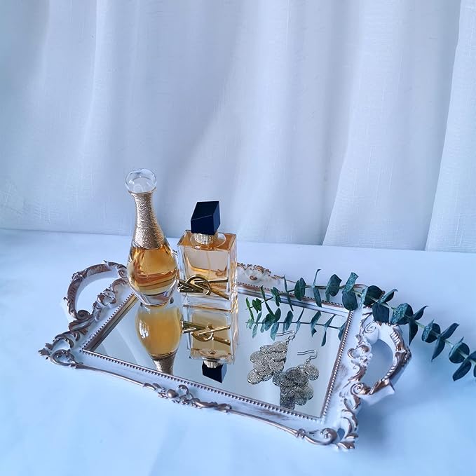 Small Rectangle Decorative Mirror Tray, French Style, Makeup Organizer, Jewelry Organizer, Serving Tray, 13"x 7.8", Golden White