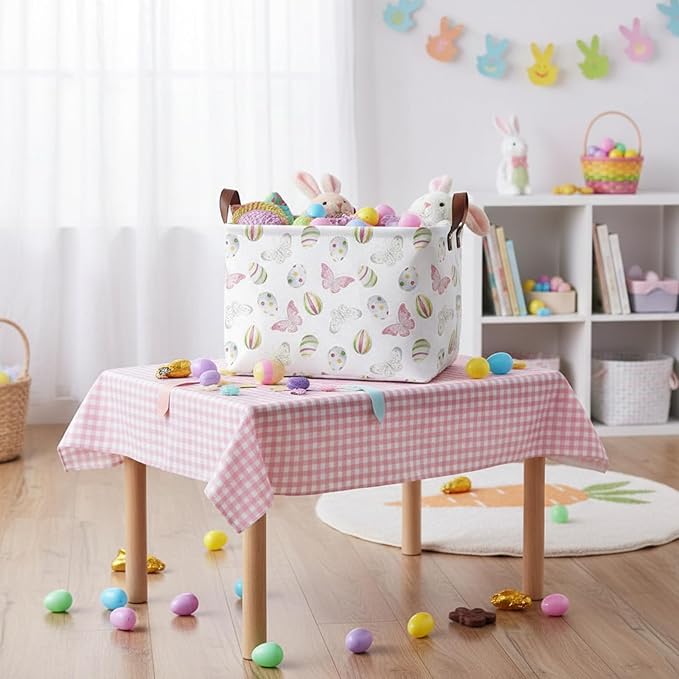 Large Rectangular Cute Kid Easter Basket Empty Bunny Eggs Easter Basket Gift Spring Room Storage Organizer Décor (E-01)
