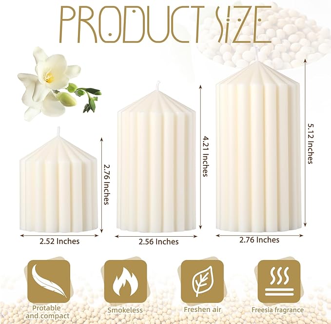 Conelist Set of 3 White Ribbed Pillar Candles Soy Wax Scented Ribbed Candles Includes 2.8, 4.2 and 5.1 Inches Heights Decorative Romantic Wedding Decoration for Couple Home Birthday Gift