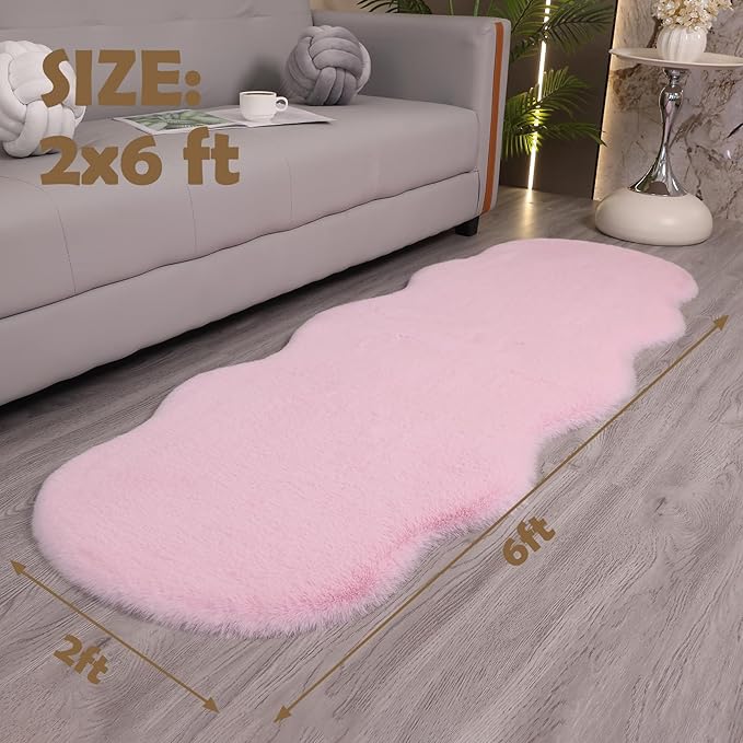 Fluffy Synthetic Rabbit Fur Area Rug Furry Floor mat Machine Washable Non-Slip Backing High Density Floor and Sofa Seat Cushions for Living Room White and Blue 2x6 ft