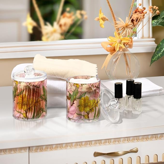 2 Pack Apothecary Jars Elegant Pink Yellow Floral Bathroom Vanity Storage Organizer Set,Small Clear Plastic Storage Jars Bathroom Canister for Cotton Swabs, Rounds, Balls, Qtips,Makeup Sponges,