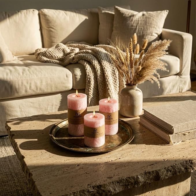 MOZEAL Hand-Poured, Unscented Pink Crystal Pillar Decorative Candles, Elegant Set of 3 in Different Sizes (3"x4", 3"x5", 3"x6"), Luxurious Décor for Spring Homes & Events