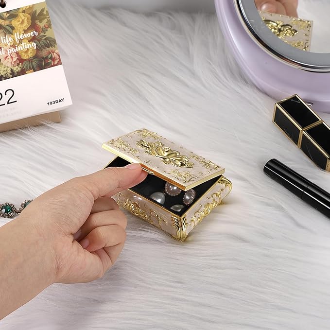 Hipiwe Vintage Jewelry Box Metal Trinket Chest Treasure Display Case for Rings Earrings Organizer Rectangular Decorative Keepsake Storage Box, Small