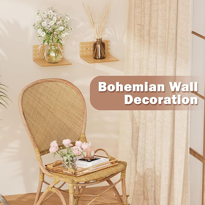 QsQueen Boho Acrylic Wall Shelves 2 Pack, Small Floating Shelf with Rattan Pattern, Clear Display Ledges for Funko Pop Figures, Plants, Perfume & Home Decor, Wall Mount for Bedroom, Living Room