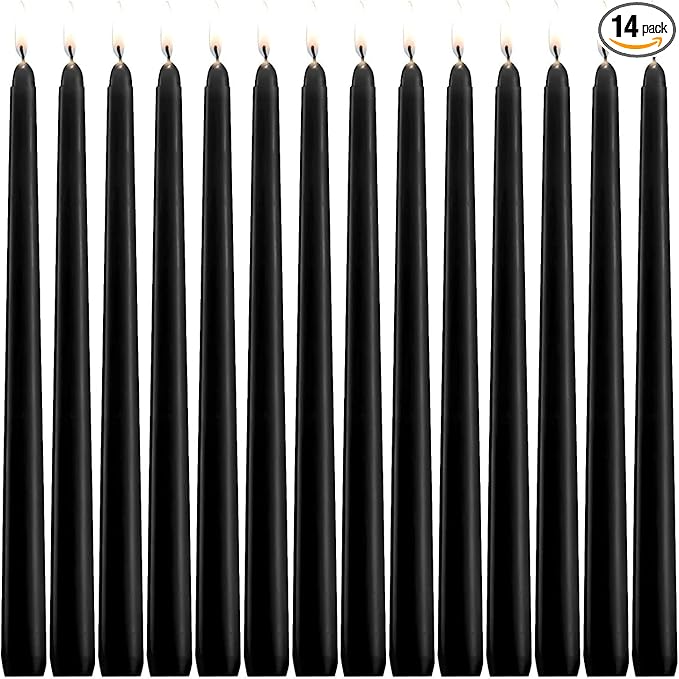 WPONSZU Set of 14 Black Taper Candles, 7-8 Hours Burn Time, Unscented, Smokeless and Dripless, 4/5 x 10 Inch Dinner Candle Set for Halloween,Household, Wedding, Party and Home Décor Candlesticks