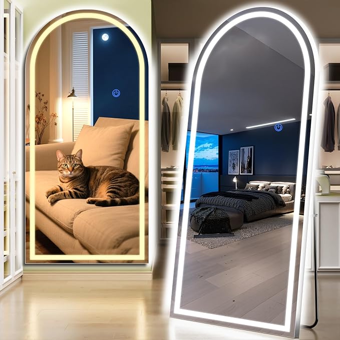 Arch Full Length Standing Mirror with LED Lights, 76"x34" Lighted Mirror with Dimming & 3 Color Lighting, Tall Mirror Full Body for Bedroom, Dressing Room