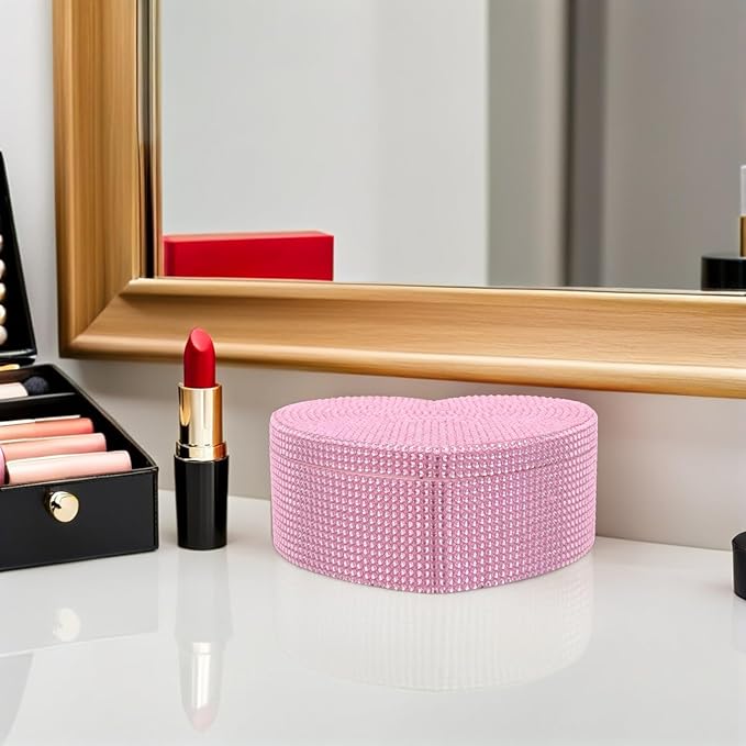 Heart-shaped Jewelry Organizer Box with Rhinestones and Mirror, Double Layer Pink Plastic Makeup Organizer for ’ Earrings Necklaces Hair Clips Storage