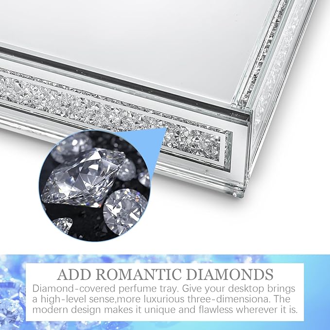 Kanpura Crush Diamond Mirror Perfume Tray, Silver Glass Mirror Trays for Vanity, Jewelry Organizer, Decorative Serving Tray for Christmas Coffee Table Decor(11.5”x7.5”x2”)