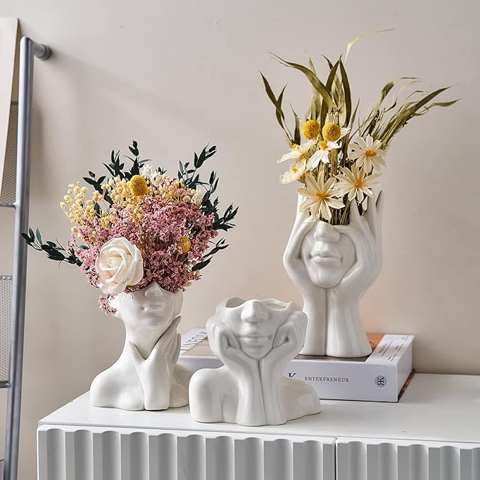 White Ceramic Vase Creative Human Body Art Design Multi Functional Office Desktop Organizer Pen Holder Makeup Brush Holder Home Decor Vase for Flowers Boho Ceramic Vases Stylish Decorative Accent (C)
