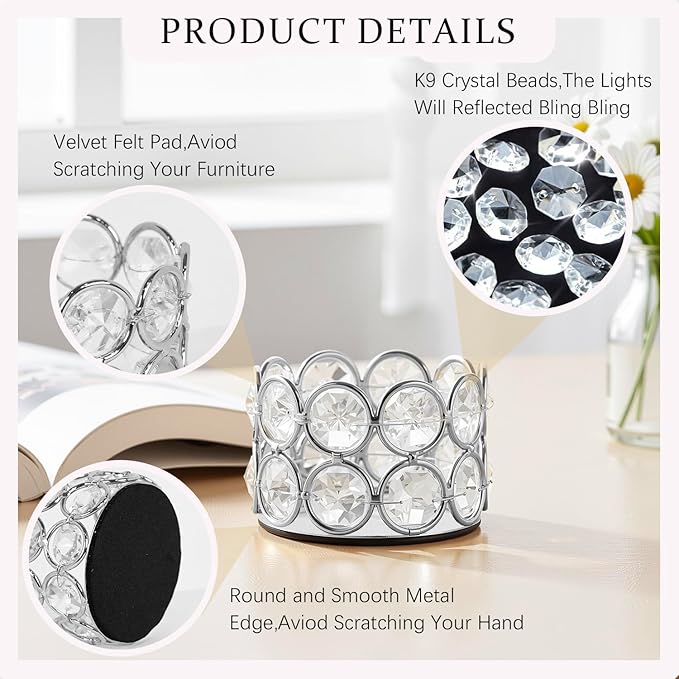 VINCIGANT Silver Crystal Tea Light Candle Holders Set of 12 for Wedding Home Table Centerpiece Decoration,Easter Gift(Candle Excluded)