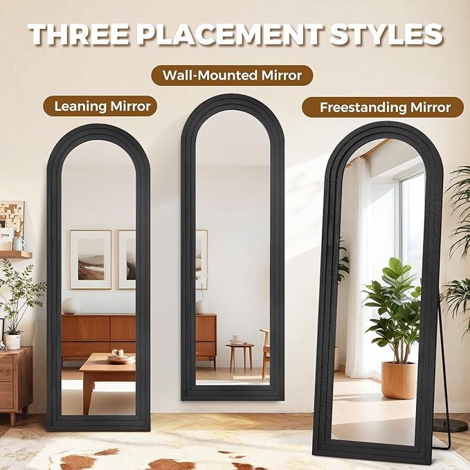 65"x22" Arched Floor Mirror, Solid Wood Full Length Mirror - Free Standing & Wall Mounted - Elegant Design for Bedroom, Dressing Room, Hallway, Black