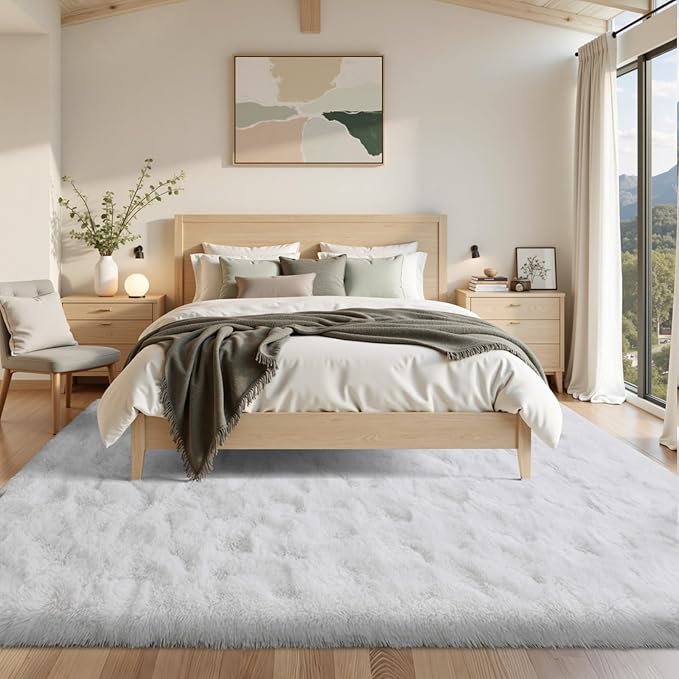 8x10 ft Fluffy White Rugs for Living Room Soft Fuzzy Bedroom Area Rug Non-Slip Shaggy Carpet for Nursery Kids PlayRoom Dorm Office Indoor Modern Plush Carpet Teens