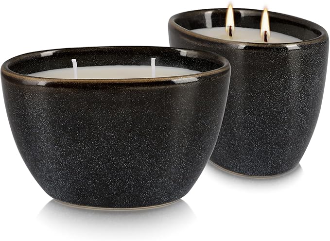 2-Pack Black Ceramic Citronella Scented Candles – Dual-Wick, All-Natural Wax, Decorative Geometric Design for Indoor/Outdoor Ambiance