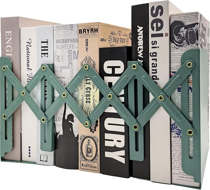 Adjustable Bookends Non Skid Decorative Bookends,Metal Bookend for Heavy Books,Bookshelf Organizer Holder for Books and Magazines for Desk(Green)