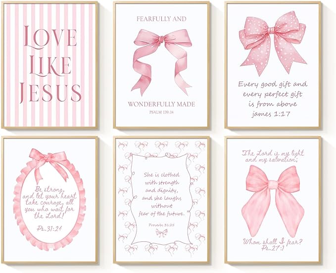 3 Piece Pink Bows Wall Art for Girls Room, Bible Verse Pictures Bathroom Decor, Coquette Posters Prints, Cute Teen Room Decoration, Dorm Decor for College, College Gifts for Girls 8x10 Inch