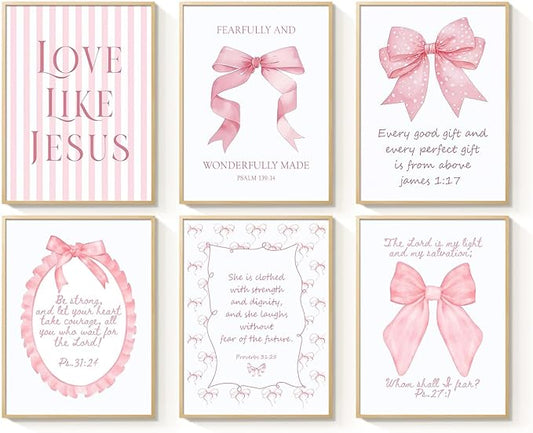 3 Piece Pink Bows Wall Art for Girls Room, Bible Verse Pictures Bathroom Decor, Coquette Posters Prints, Cute Teen Room Decoration, Dorm Decor for College, College Gifts for Girls 8x10 Inch