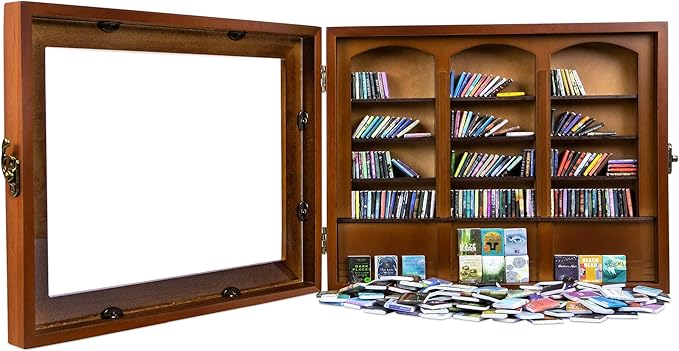 Anxiety Mini Bookshelf Mini Books with 300PCS Mini Bookshelf Shake Away Your Anxiety Wooden Miniature Book Library for Stress Relief, Home and Office Decor, Unique Gift for Book Lovers-Brown