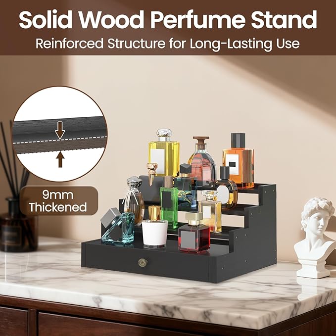 MODOWEY Perfume Organizer Cologne Holder Stand for Men, Wooden Wide-Spaced Shelf with Drawer, 4 Tier Large Capacity Storage Rack for Dresser Countertop, for a Neat, Accessible Fragrance Display, Black
