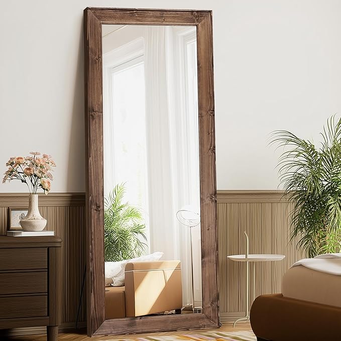 Full Length Mirror 65"x24" - Beveled Edge Rustic Brown Dressing Mirror, Solid Wood Frame, Wall Mounted or Standing for Bedroom, Entryway, Living Room