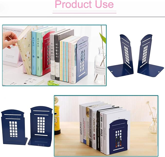 MerryNine 4 Pack Book Ends, Metal Bookends for Shelves, Telephone Booth Decorative Bookends, Non Skid Heavy Bookends, Book, Magazine or CD Organizers for Home and Office (Blue-4pcs)