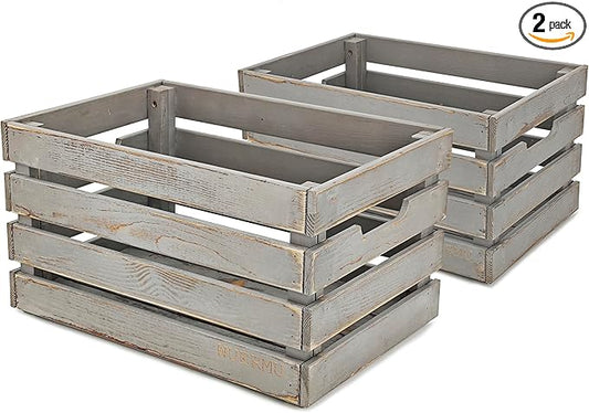 Gray Wooden Crates are Mainly Suitable for Storage, Tool Crate, Wine Crate, Camping, and Other Multi-Purpose. Rustic Style, They are Sturdy and Durable, set of 2 Length of 17.7 inches.