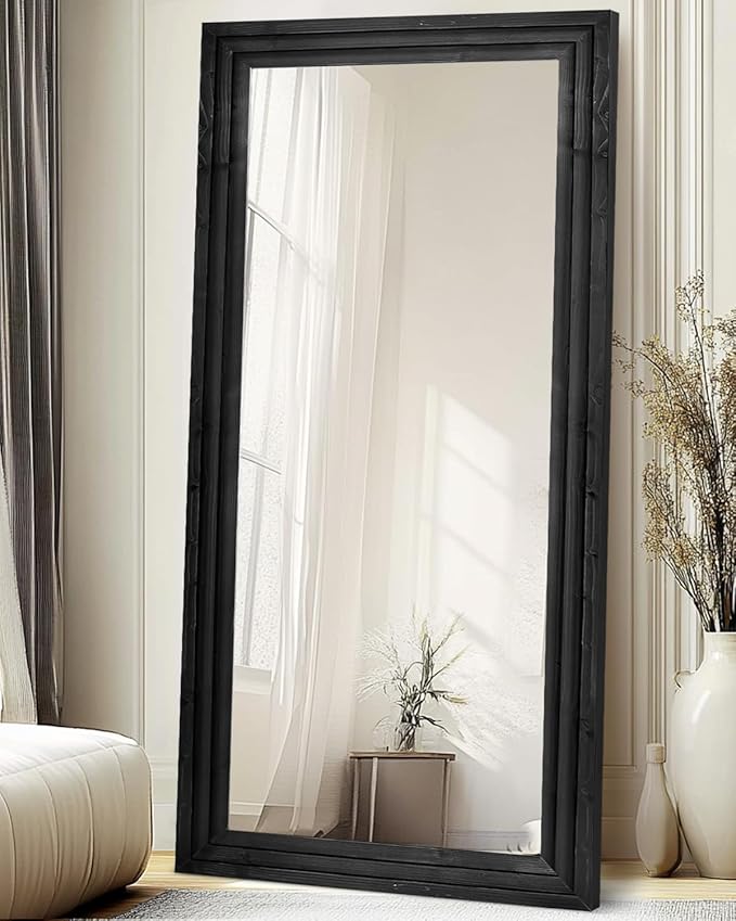 Full Length Mirror 76"x34" Solid Wood Frame Floor Large Mirror for Living Room, Bedroom Hanging or Leaning Wall-Mounted, Black