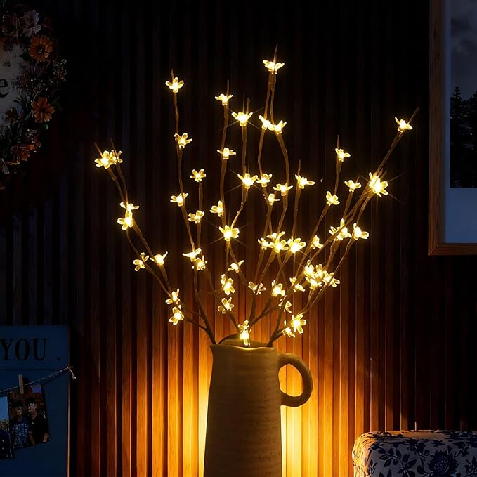 AMARS 3 Pack Electric LED Lighted Tree Branches Holiday Lights with Cherry Blossoms Flowers, USB Plug in, 60 LEDs Room Decor Night Lights, Decorative Sticks for Vase Bedroom Home Party