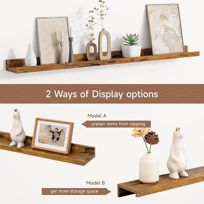 Fun Memories Picture Ledge Shelf, 40 Inch Floating Shelves Set of 2, Large Nursery Book Shelves for Toys Storage, Kids Bookshelf Wall Mounted for Wall Decor Books Photo Frames, Rustic Brown