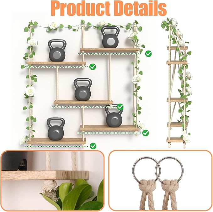 Hanging Shelves for Wall with Vine Lights 5 Tier Boho Wall Shelf Macrame Floating Shelves Rope Rustic Wood Organizer Storage Hanger Rack Decor Aesthetic for Succulents Bedroom Kitchen Bathroom Home