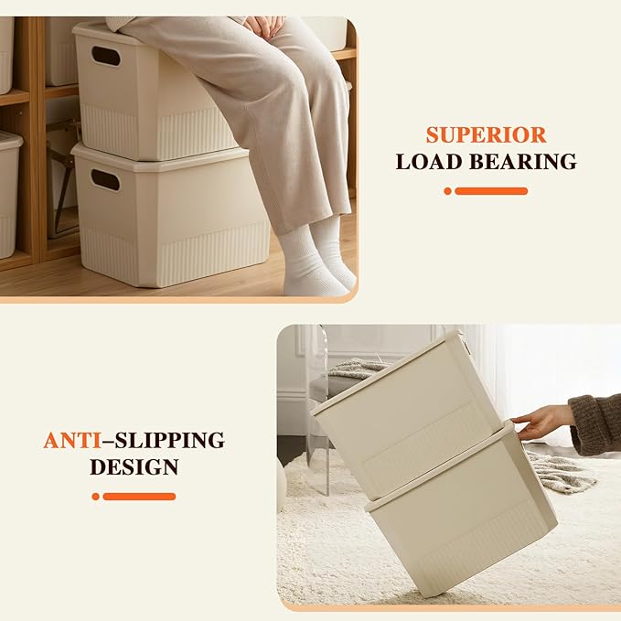 ANMINY 5PCS Plastic Storage Bins Containers with Lids, Large Storage Organization Bins Boxes, Lidded Plastic Storage Baskets for Closet Shelves Desktop, Ivory Lids, 2M + 3S