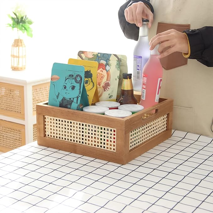 YAHUAN Woven Wooden Basket Wood Storage Crate Box, Bamboo Basket with Built-In Handles for Kitchen Pantry, Cabinet, Office, Bedroom, Rustic Country Decor (Brown)