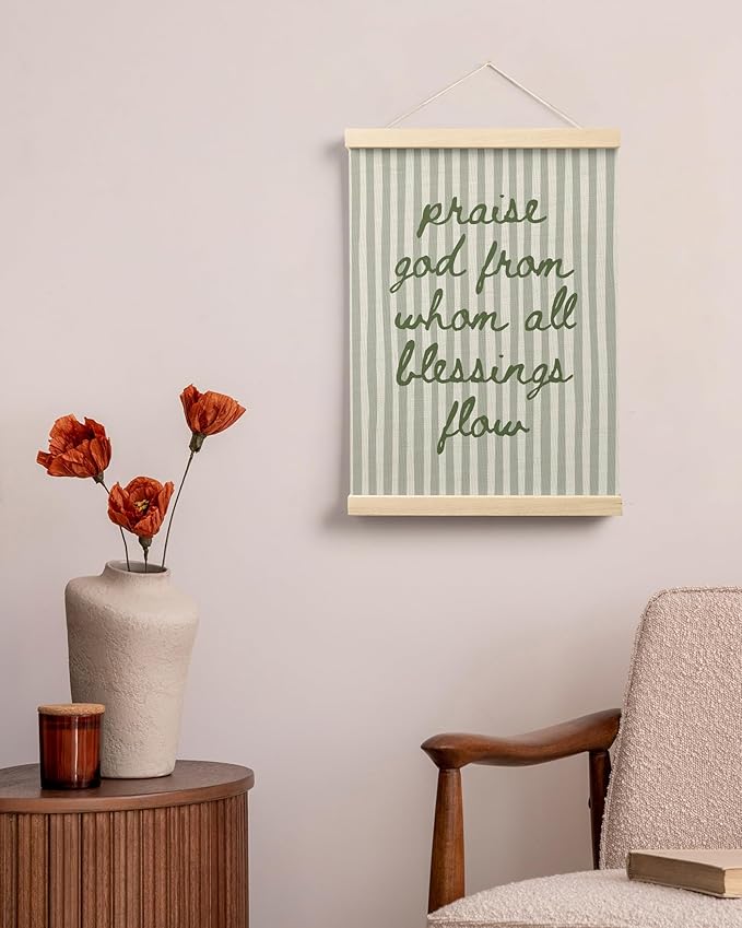 FGFK Sage Green Christian Wall Art Poster Hanger Frame, Trendy Striped Praise God From Whom All Blessing Flow Bible Verse Scripture Canvas Prints Framed Wall Decor for Room Home Dorm, 12x16 Inch
