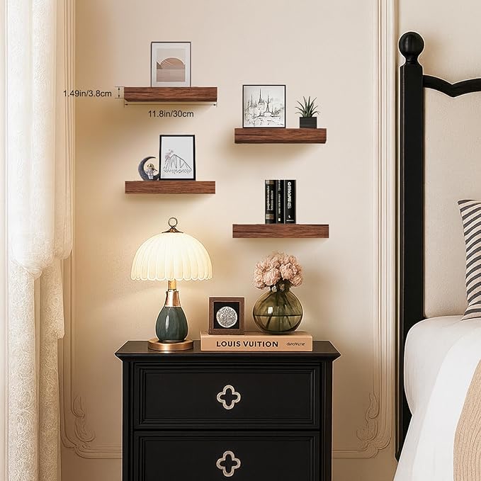 Floating Shelves for Wall, Bathroom Shelves Over Toilet, Wall Shelves & Book Shelf, Hanging Shelf, Modern Wooden Wall-Mounted Small Floating Shelves, 12x7x1.5 in (Walnut-Like, Set of 4)