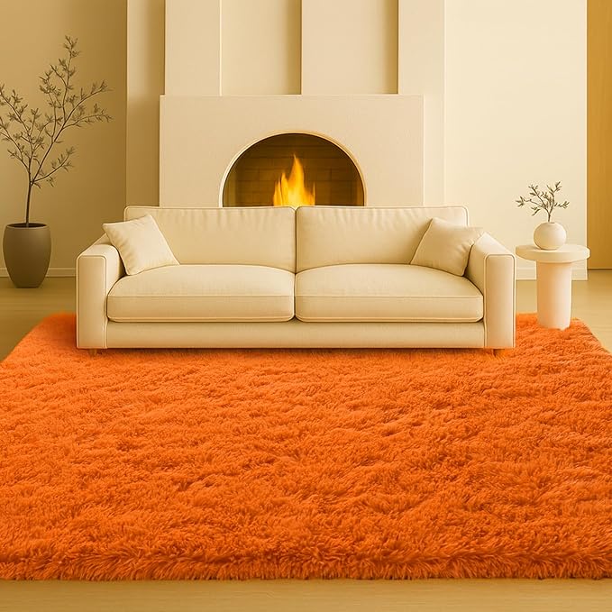 Area Rugs for Living Room, Orange 6x9 Rugs for Bedroom, Long Shaggy Furry Carpet Plush Fluffy Carpet, Non-Slip Upgrade, Suitable for Kids Dorm Home Decor Aesthetics.
