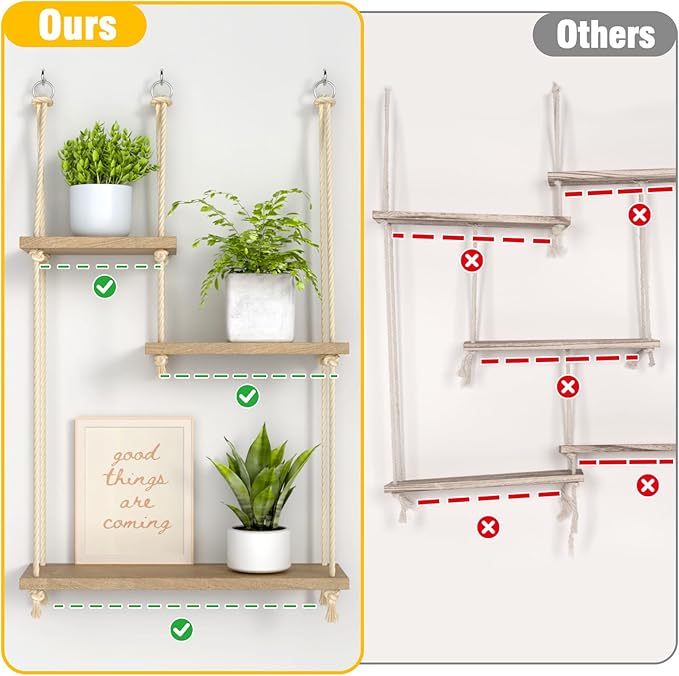 Hanging Shelves for Wall 3 Tier Macrame Rope Floating Shelves with Vine Lights Boho Wall Mounted Decor Wood Organizer Storage Rack for Bedroom, Bathroom, Kitchen