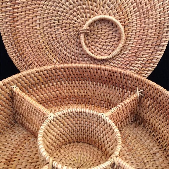 Woven Wicker Round Baskets with Lid Divided Rattan Sundries Box 29cm for Dried Fruit Nuts Bowl Keys Jewelry Makeup Counter Organizer