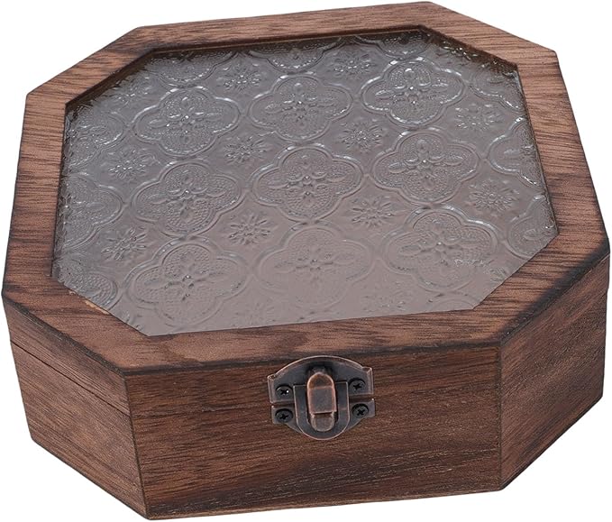 Vintage Begonia Wooden Jewelry Storage Box with Glass, Small Decorative Storage Organizer, for Makeup Cosmetics, Xmas Gifts