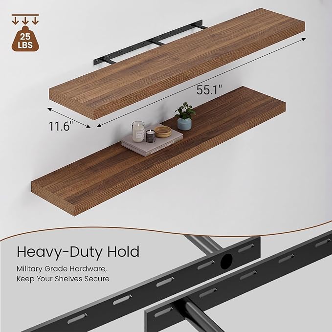 Heimlove 12 Inch Deep Floating Shelves, 55 x 12 inch Extra Long Floating Shelves for Wall, Large Display Shelf & Storage Shelf for Living Room Bedroom Kitchen Home Office, Set of 2, Walnut