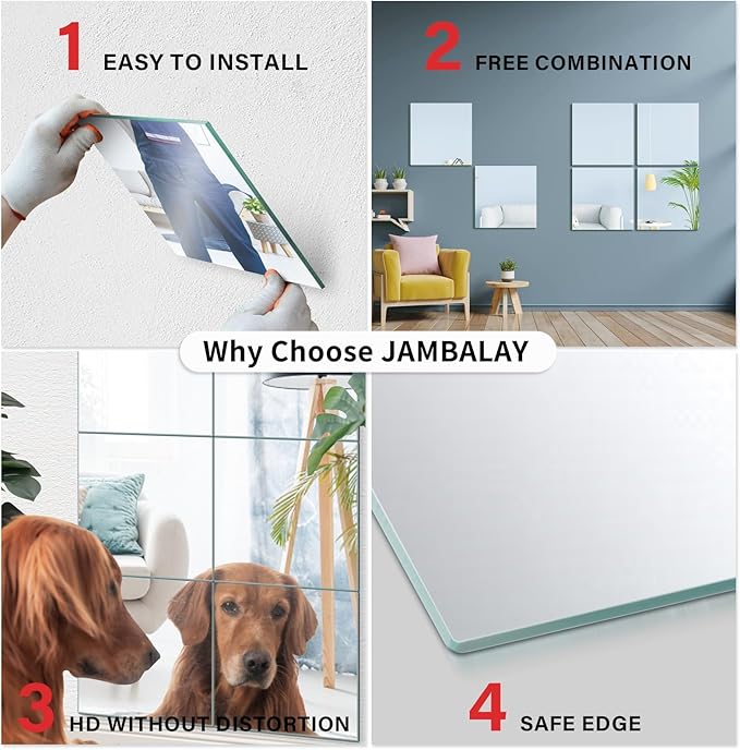 JAMBALAY Home Gym Mirrors for Gym, 12Pcs 14″×12″ Square HD Glass Full Length Wall Mirror Tiles, Self Adhesive Frameless Wall Mirror for Bedroom, Living Room, Over The Door