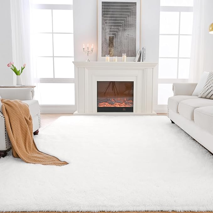 White Shag Area Rugs for Bedroom：White Plush Area Rug 4x6 - Indoor Modern Shaggy Soft Carpet for Living Room Bedroom Kids Room Nursery (White, 4x6 Feet)