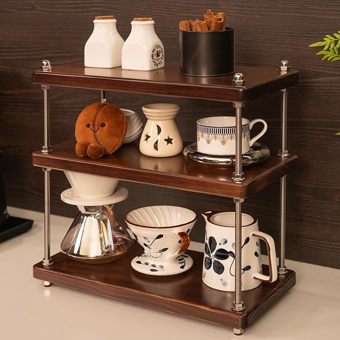 Ultra-Thick 24mm Solid Wood Coffee Station Organizer&Spice Rack for Kitchen Countertop, Corner Industrial 3-Tier Adjustable Shelf with 10mm 304 Thread Rods for Espresso Gear, Walnut Finish