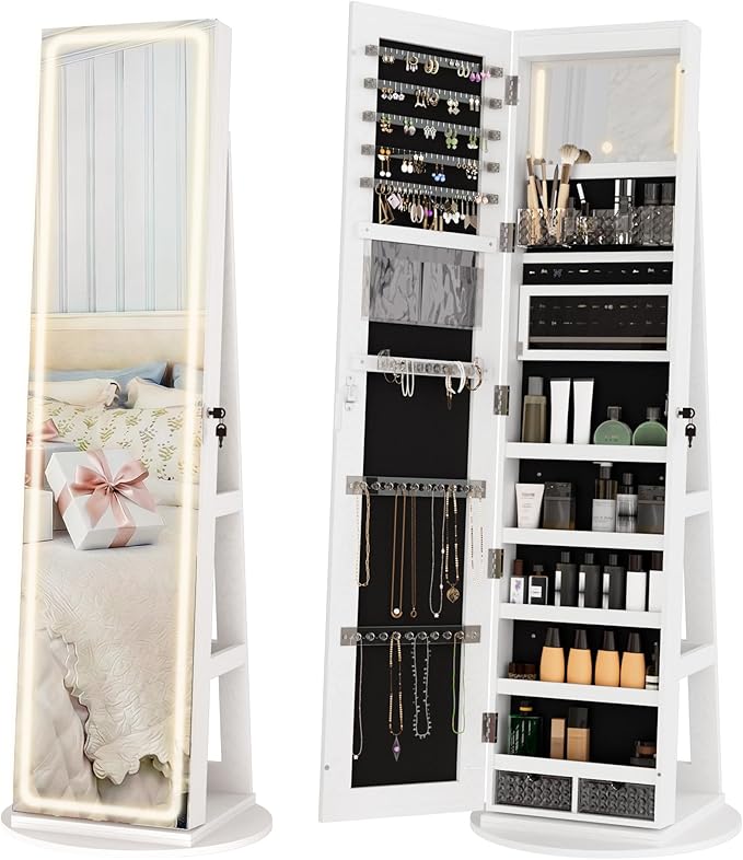 Zamildon's LED Mirror Jewelry Armoire, 360° Swivel Mirrored Jewelry Storage Cabinet with Interior LED Lights, Full Length Mirror Floor Standing Jewelry Organizer with Storage Shelves (White)