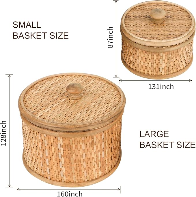 HUAXIN CRAFT H Rattan Round Decorative Box with Lid, Set of 2(Natural 7 inches and 5inches Diameter), Bohemian Wood Box For Storage.