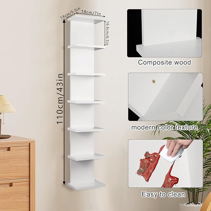 2 Pack 7 Tier Wall Shelf Unit - Lack Floating Shelf, Compact Display Floating Shelf, Vertical Column Wall Decor Mount Floating Storage Organizer Tall Tower Shelf for Bedrooms, Living Rooms(White)