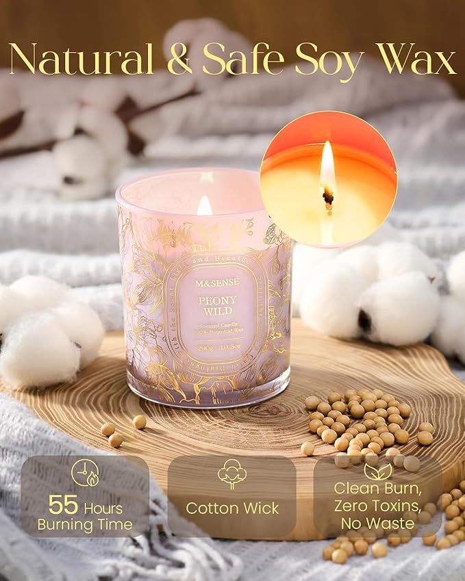 M&SENSE Wild Peony Scented Candle, Soy Wax Clean, Non-Toxic Burn, 55 Hours Long Burning 10.3oz, Elegant Romantic Floral Aroma for Home Scented Candles, Housewarming Gifts for Women