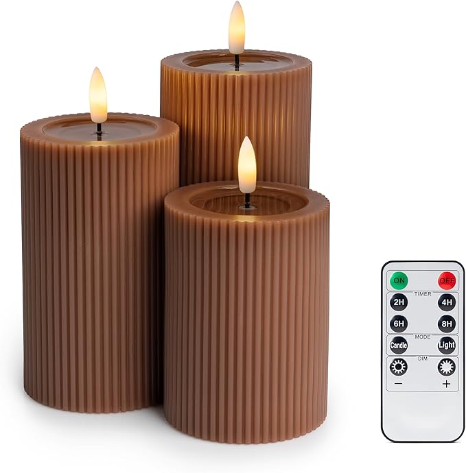 Fluted Ribbed LED Pillar Candles, Brown, with Reflective Melted-Wax Effect – Flickering Flame, Remote, Dimmable, Flameless, Battery Operated, Home & Wedding Decor (Set of 3)