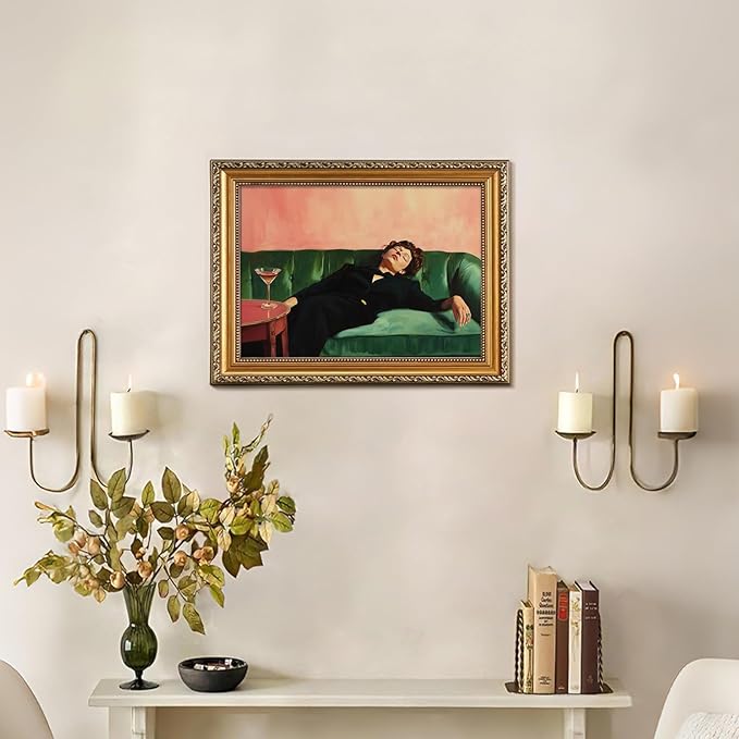 KBKBART Vintage Gold Framed Wall Art, Moody Wall Decor, Funky Victorian Woman on Couch with Martini Picture Canvas Paintings Artist for Bedroom Living Room Home Office Bathroom Decor 12x16Inch