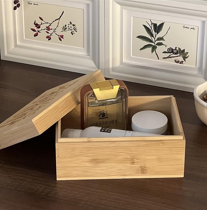 Bamboo Wooden Storage Box with Lid – Natural Wood Organizer with Removable Divider, 8.66 x 5.91 x 3.94 Inches – Decorative Jewelry, Kitchen, Bathroom & Home Organizer